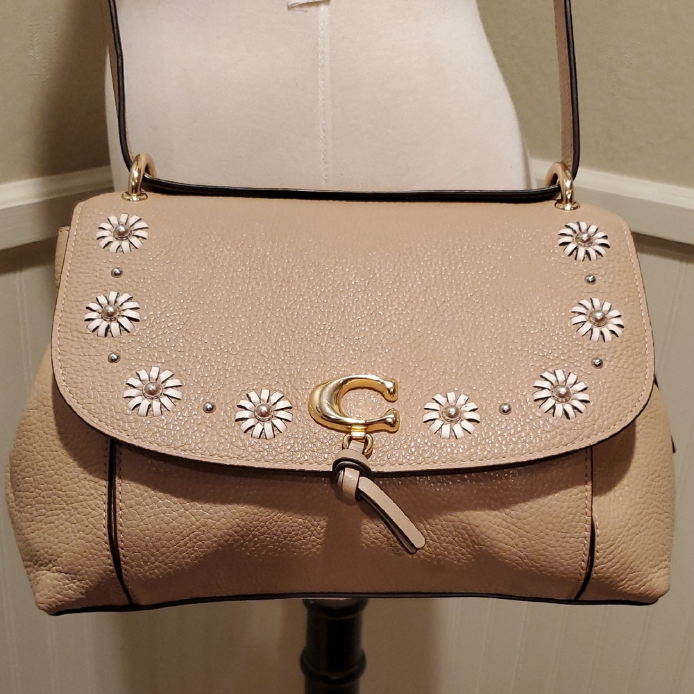 Coach Beige Floral-Appliqué Pebbled Leather Crossbody with Gold C Hardware